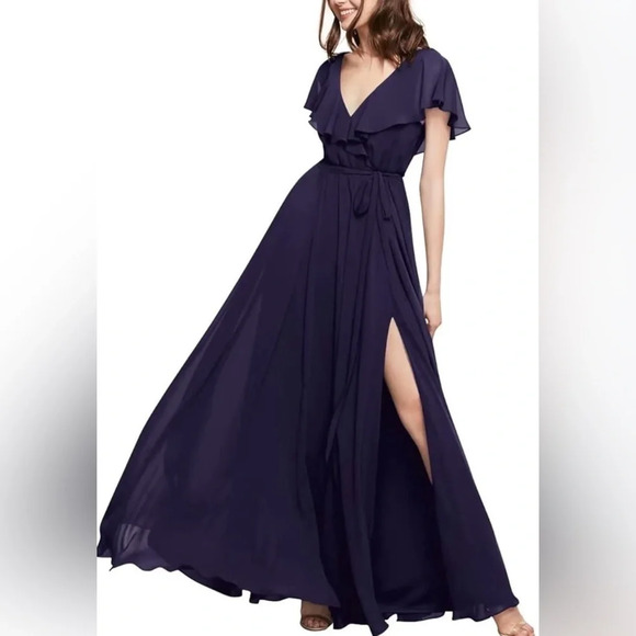 🩵 Flowy Sleeve Chiffon Bridesmaid Dresses Long V Neck - Picture 1 of 7